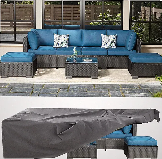 7-Piece Outdoor Black Rattan Sectional Sofa Set, Peacock Blue Cushions, Glass Ta