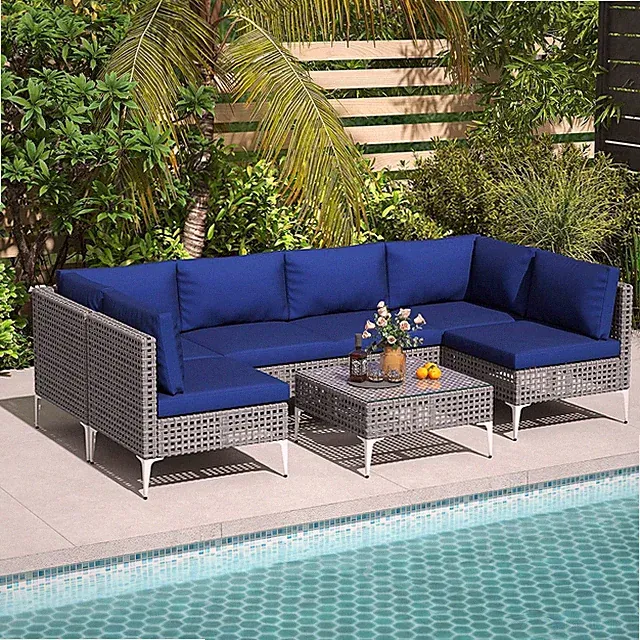7 Piece Outdoor Furniture Set, Patiojoy Patio Wicker Sectional Cushioned Sofa Se