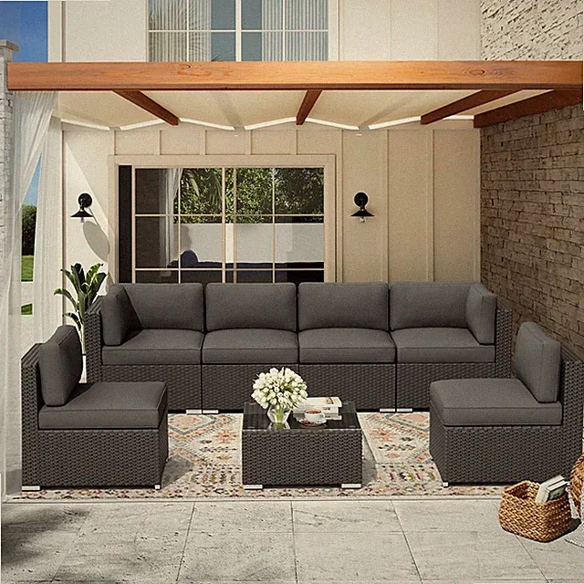 7-Piece Outdoor Patio Furniture Black Rattan Wicker Sectional Sofa Conversation