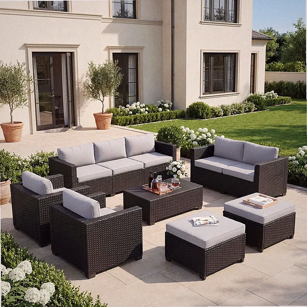 7-Piece Outdoor Patio Furniture Set, Grey | Rattan Outdoor Sectional with Thick