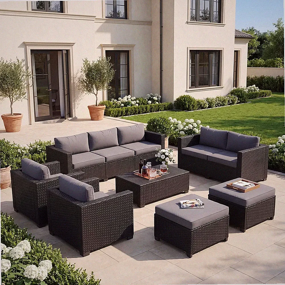 7-Piece Outdoor Patio Furniture Set, Grey | Rattan Outdoor Sectional with Thick