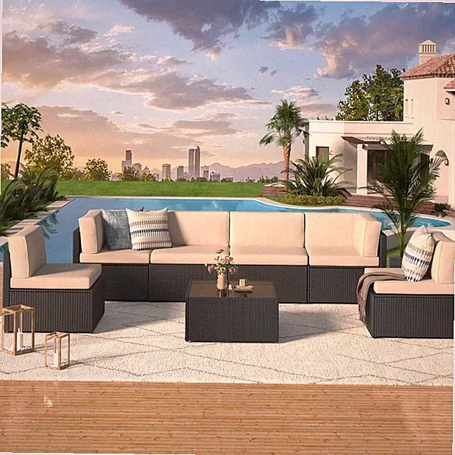 7 Piece Outdoor Patio Furniture Set, PE Rattan Patio Wicker Sectional, Garden