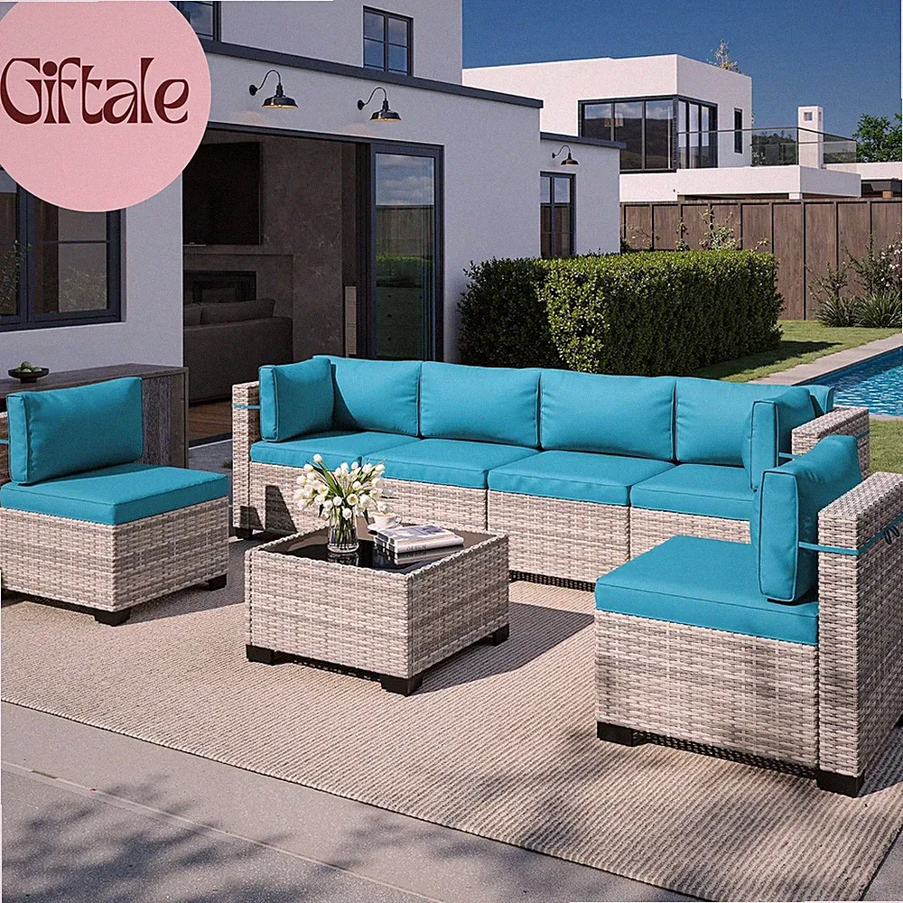 7-Piece Outdoor Patio Furniture Set, PE Wicker Rattan Sectional Sofa Conversatio