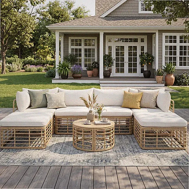 7-Piece Outdoor Patio Furniture Set, Rattan Sectional Sofa with Cushions, Beige