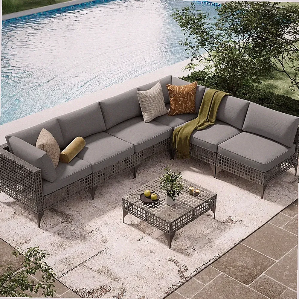 7-Piece Outdoor Patio Furniture Set, Wicker Sectional Sofa, Metal, Garden