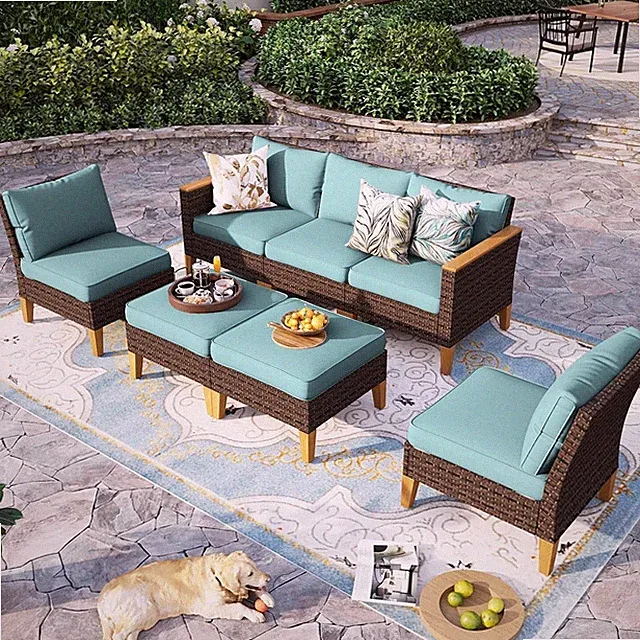 7 Piece Outdoor Patio Furniture Sets Sectional Sofa Rattan Chair Wicker Set Blue