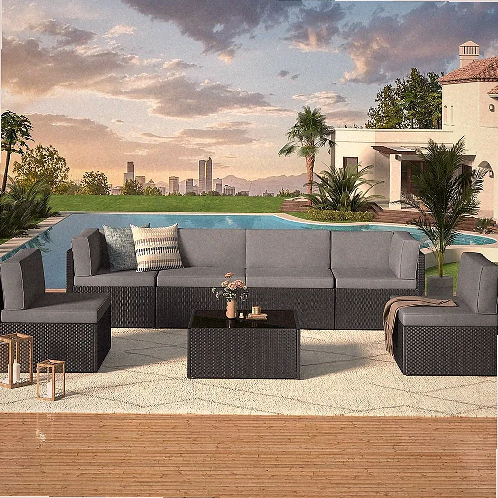 7-Piece Outdoor Patio Rattan Sectional Sofa Set w/ Table Black Dark Gray