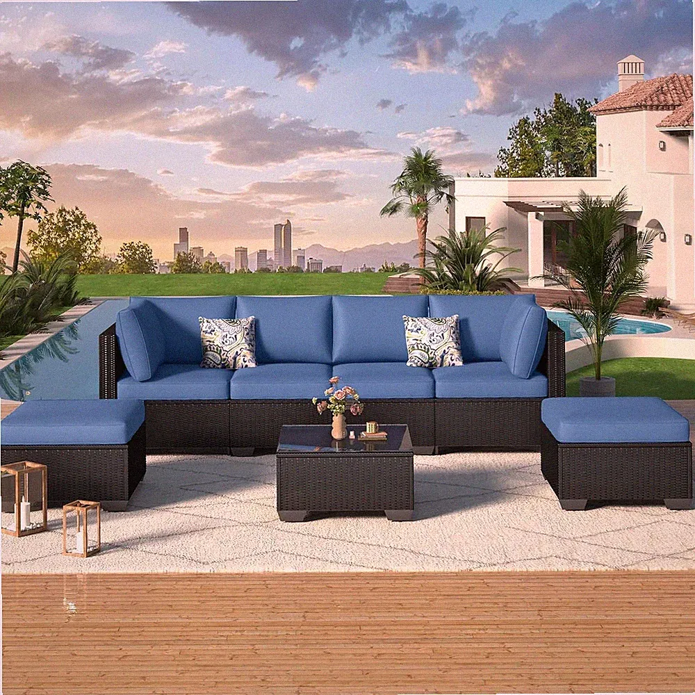 7-Piece Outdoor Patio Rattan Sectional Sofa Set w/ Table Black Navy Blue