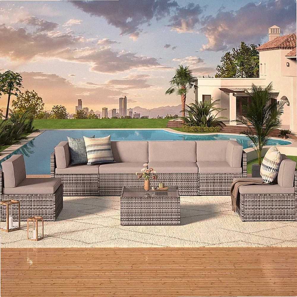 7-Piece Outdoor Patio Rattan Sectional Sofa Set w/ Table Gray Light Gray