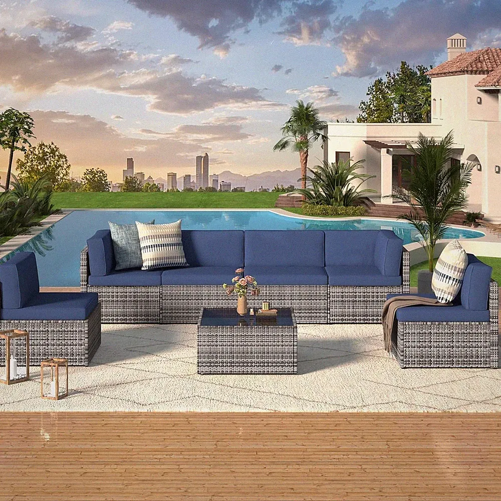 7-Piece Outdoor Patio Rattan Sectional Sofa Set w/ Table Gray Navy Blue