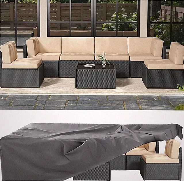 7-Piece Outdoor Patio Rattan Sofa Set, Black, Beige Cushions, Coffee Table
