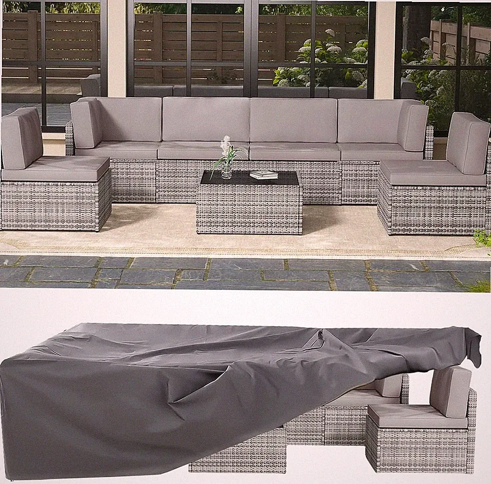 7-Piece Outdoor Patio Rattan Sofa Set, Gray Cushions, Coffee Table, Sectional