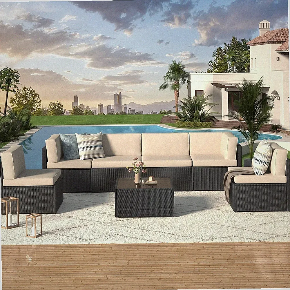7-Piece Outdoor Patio Sectional Set PE Rattan Black Beige Cushions Table