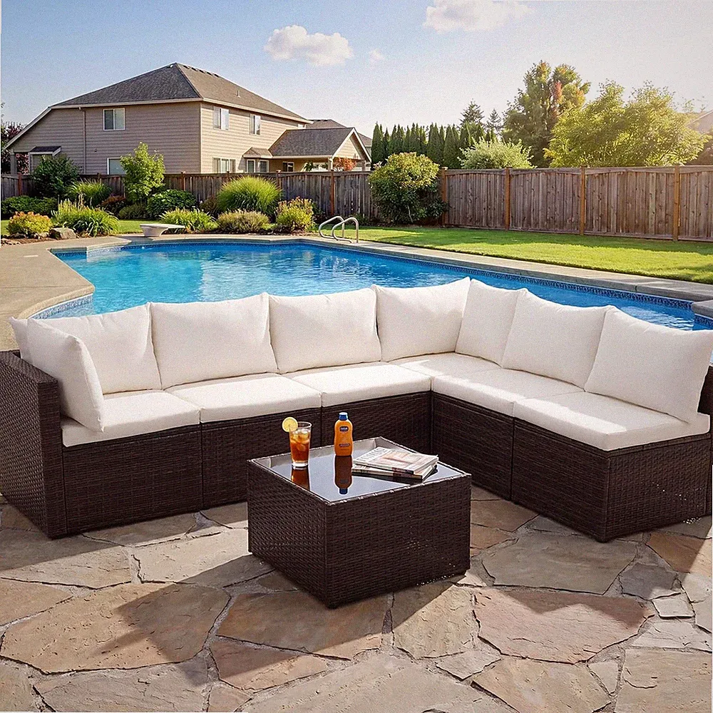 7-Piece Outdoor Patio Sectional Sofa, Modular PE Wicker Outdoor Sectional with T
