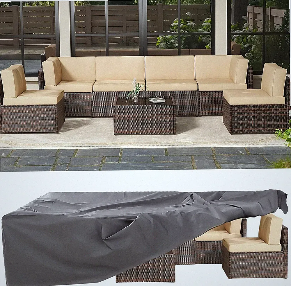 7-Piece Outdoor Patio Sectional Sofa Set, Brown PE Rattan Beige Cushions