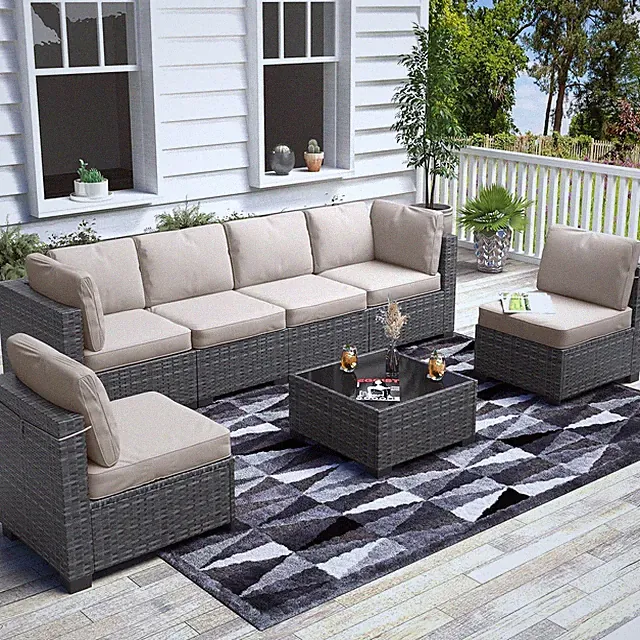 7 Piece Outdoor Patio Sectional Sofa Set Rattan Wicker Couch w/Coffee Table