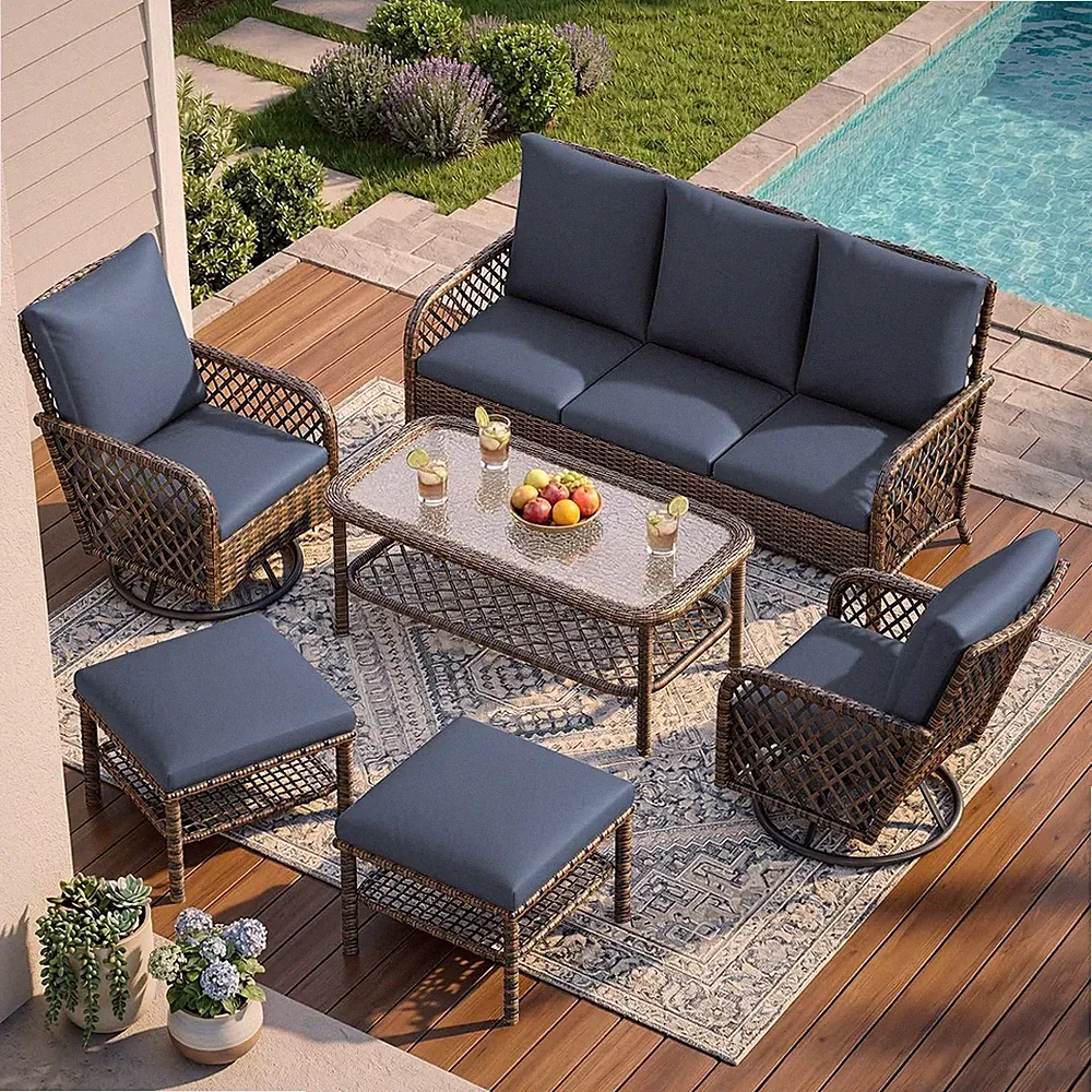 7-Piece Outdoor Patio Sectional Sofa Set w/ Swivel Rocker Chairs Ottoman & Table
