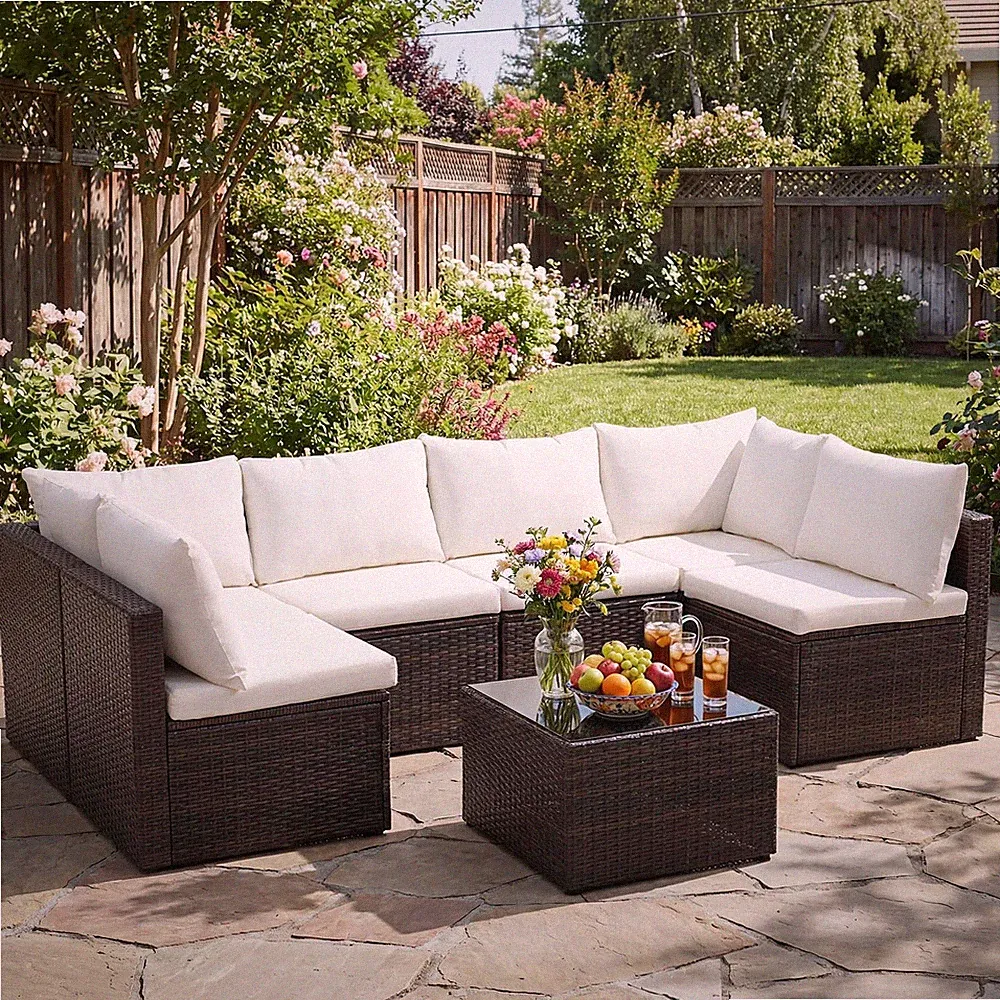 7-Piece Outdoor Patio Sectional Sofa, Weather-Resistant Modular Wicker Rattan...