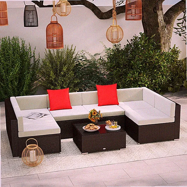 7 Piece Outdoor Patio Set With Cushions All Weather PE Rattan Patio Sofa Set