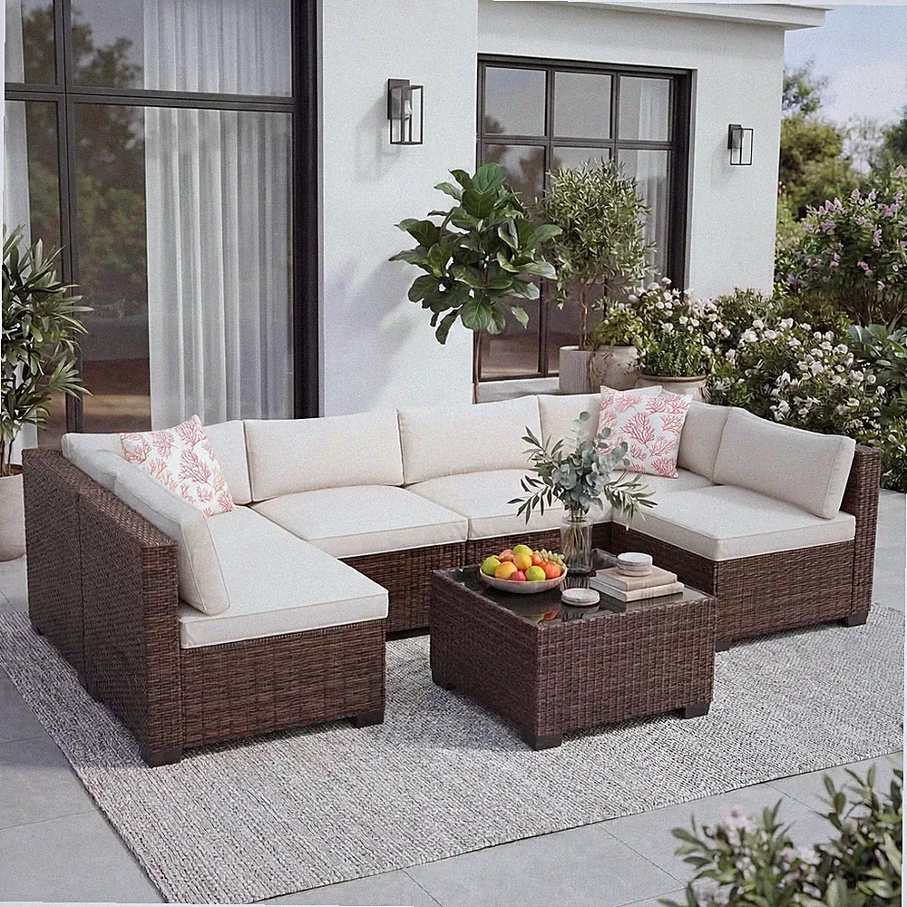 7-Piece Outdoor Patio Sofa Set – Modular Rattan & Wicker Sectional Unit