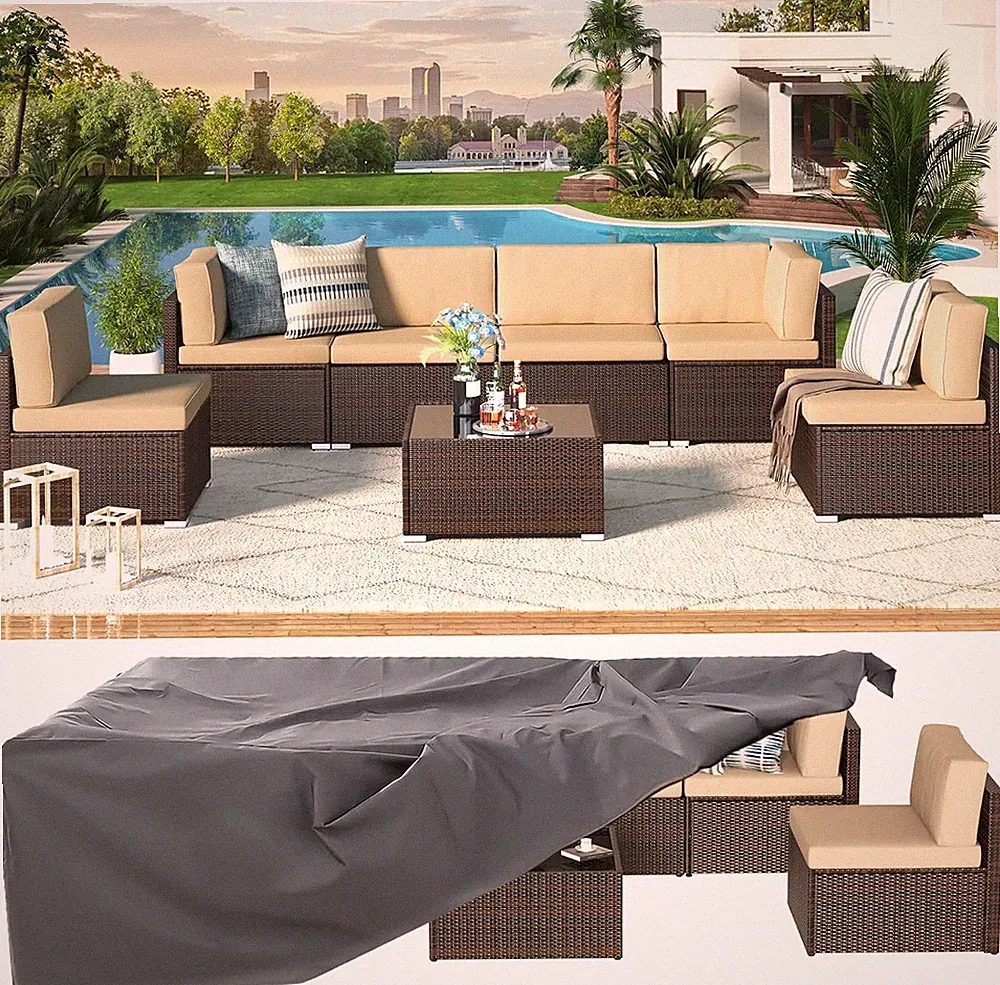 7-Piece Outdoor PE Rattan Sectional Sofa Set Brown Beige Cushions Coffee Table