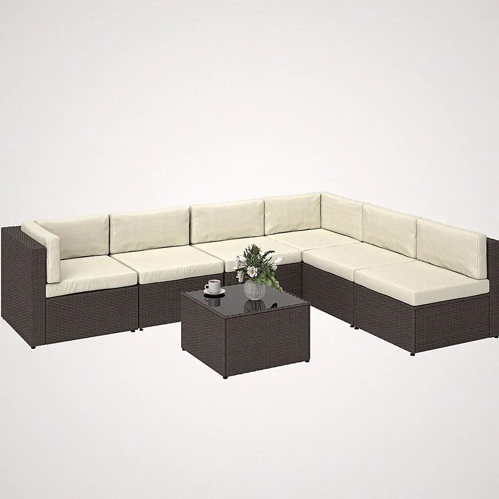 7-Piece Outdoor PE Rattan Sectional Sofa Set Glass Table White Cushions