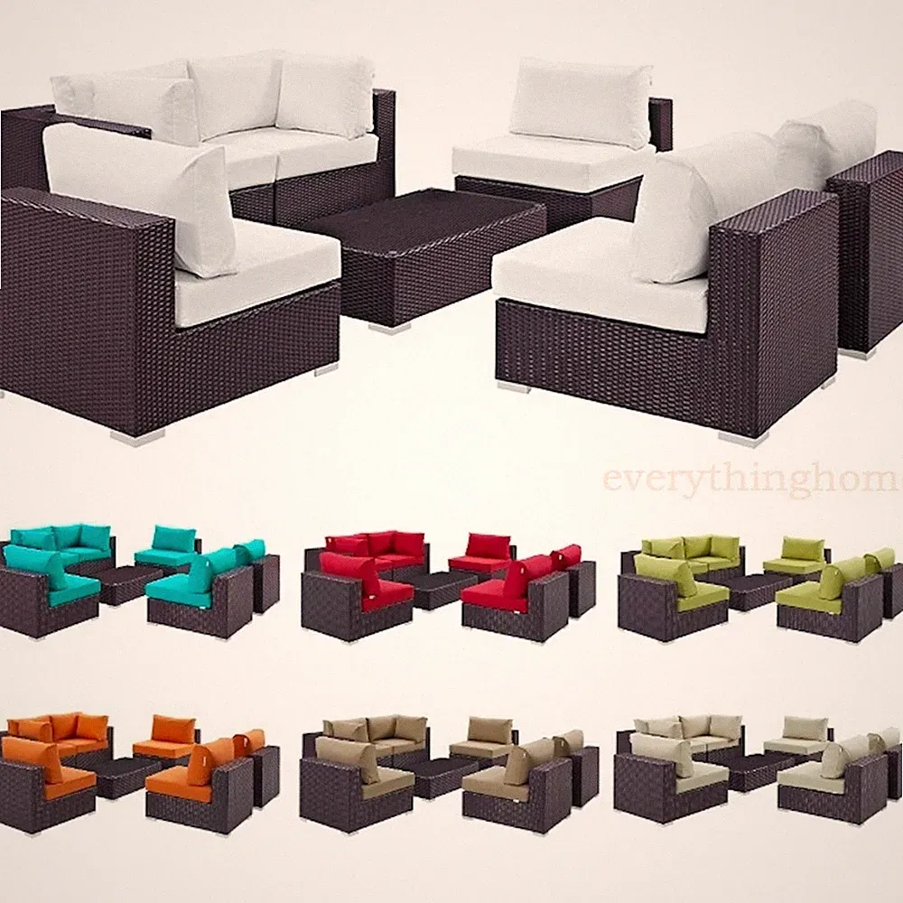 7-Piece Outdoor Rattan Convertible Sectional Sofa Loveseat Chairs Coffee Table