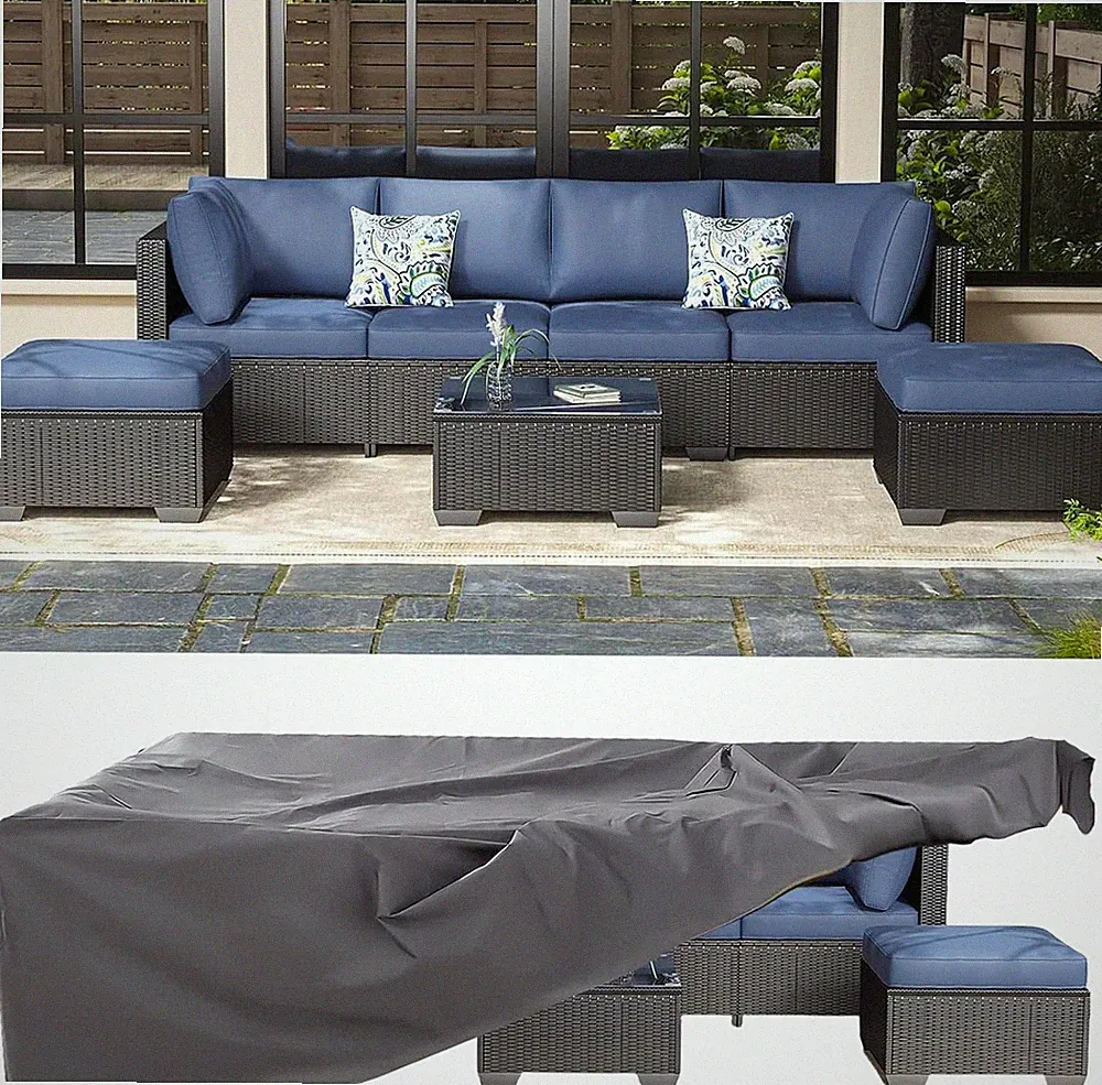 7-Piece Outdoor Rattan Sectional Set, Navy Cushions, Coffee Table with Cover