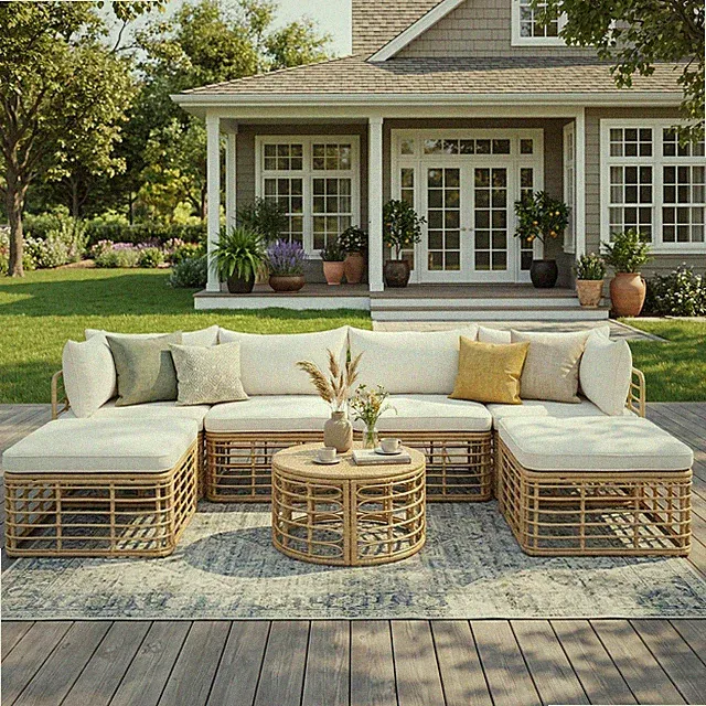 7-Piece Outdoor Rattan Sectional Sofa Set with Cushions