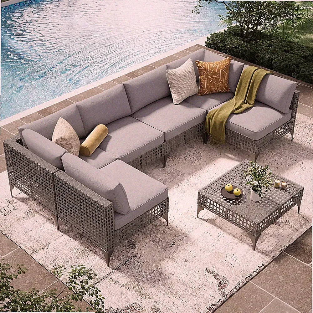 7-Piece Outdoor Rattan Sectional Sofa Set with Glass Tea Table, Gray Cushions