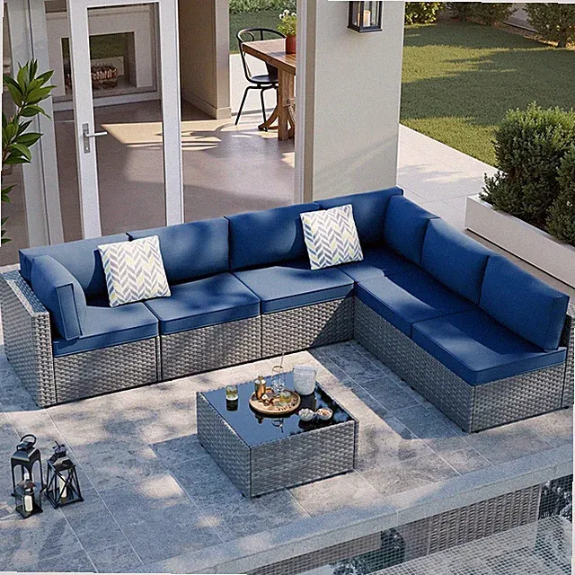 7-Piece Outdoor Rattan Sofa Set with Cushions & Tea Table - Aegean Blue