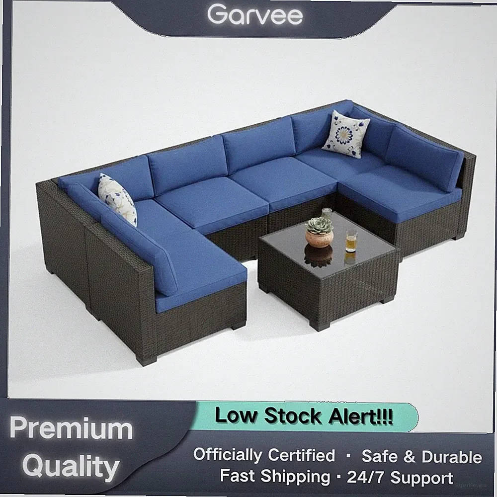7-Piece Outdoor Rattan Wicker Sectional Sofa with Cushions & Steel Frame for Pat