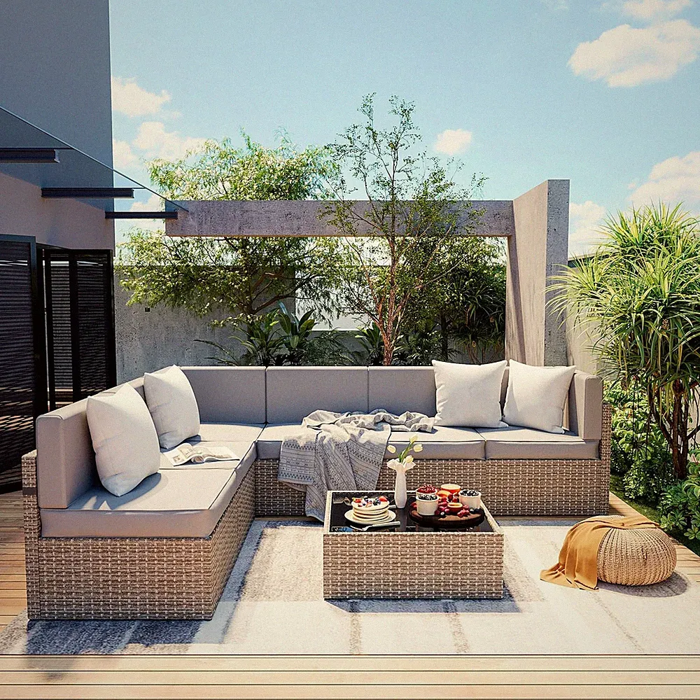 7-Piece Outdoor Sectional Furniture Set, All-Weather Wicker Patio Sofa with Wash