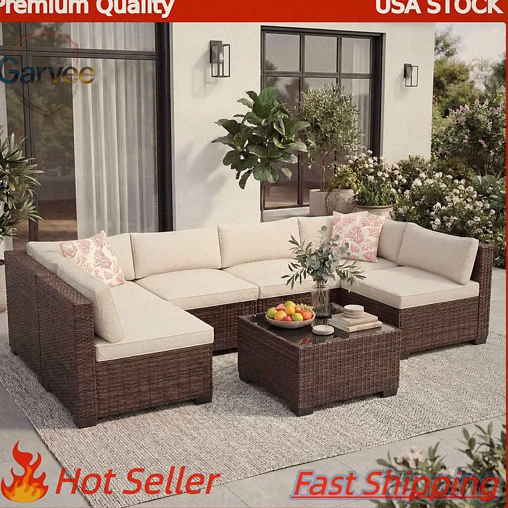 7-Piece Outdoor Sectional Set Rattan Sofa Coffee Table Water-Resistant Cushions