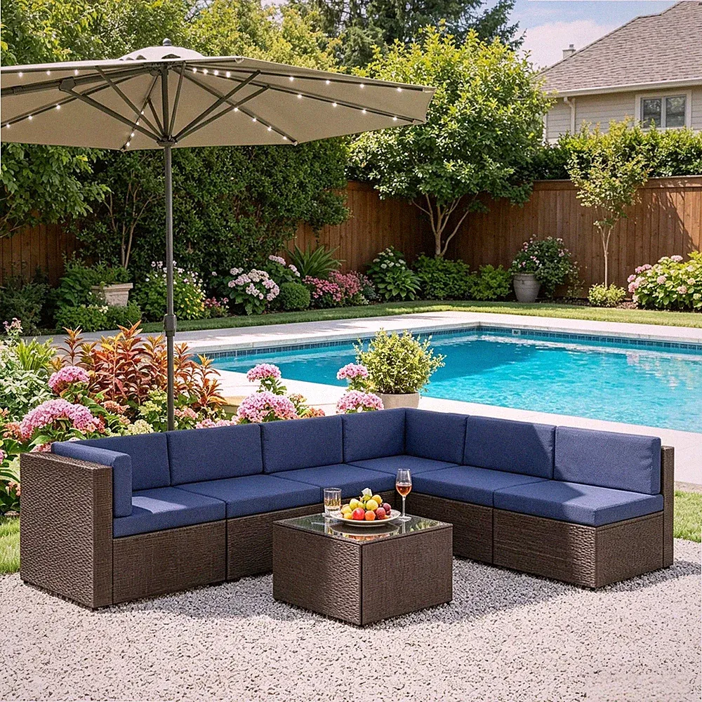 7-Piece Outdoor Sectional Sofa Set with Tempered Glass Table