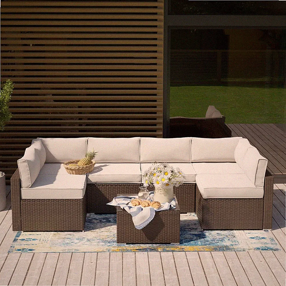 7-Piece Outdoor Sectional Wicker Sofa in off White Cushions, Brown Wicker Patio