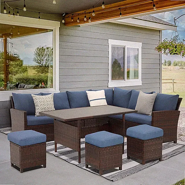 7-Piece Outdoor Wicker Patio Furniture Set with Dining Table & Sofa - Blue