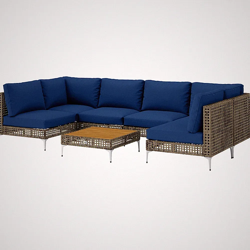 7-Piece Outdoor Wicker Sectional Sofa Set Acacia Wood Table Cushions Brown/Blue