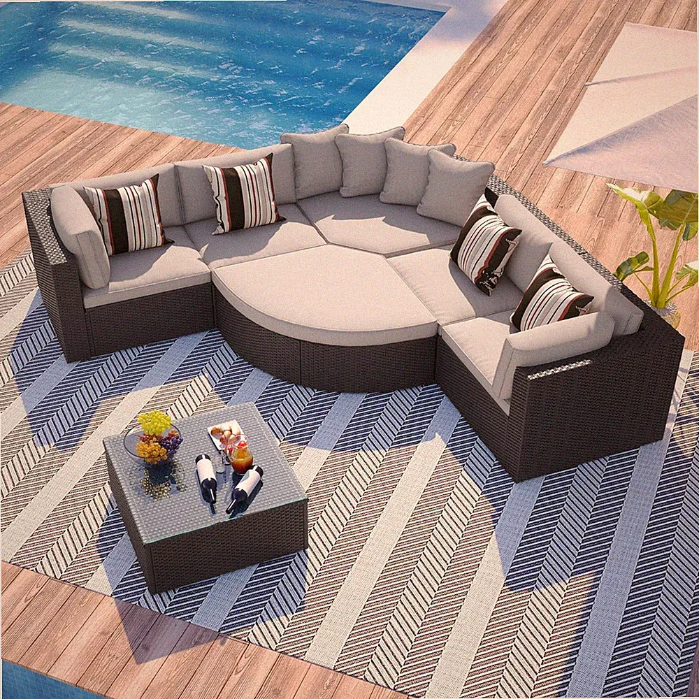7-Piece Outdoor Wicker Sectional Sofa Set,Modular Rattan Conversation Set with G