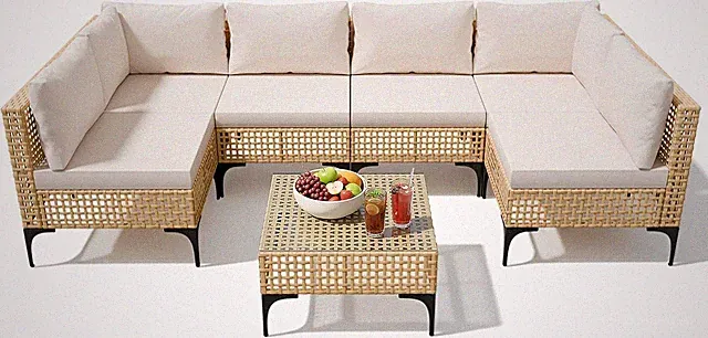 7-Piece Outdoor Wicker Sectional Sofa Set with Cushions & Glass Tabletop
