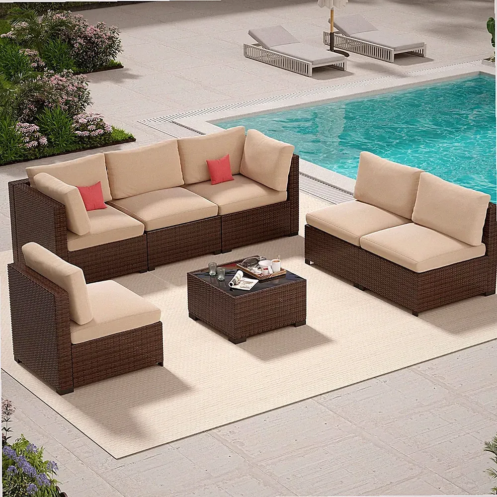 7 Piece outside Sectional Furniture Set, All Weather Wicker Patio Conversation S