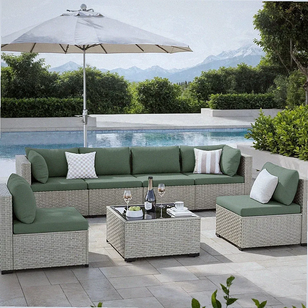 7 Piece Patio Conversation Set Outdoor Sectional PE Rattan Wicker Sofa Green