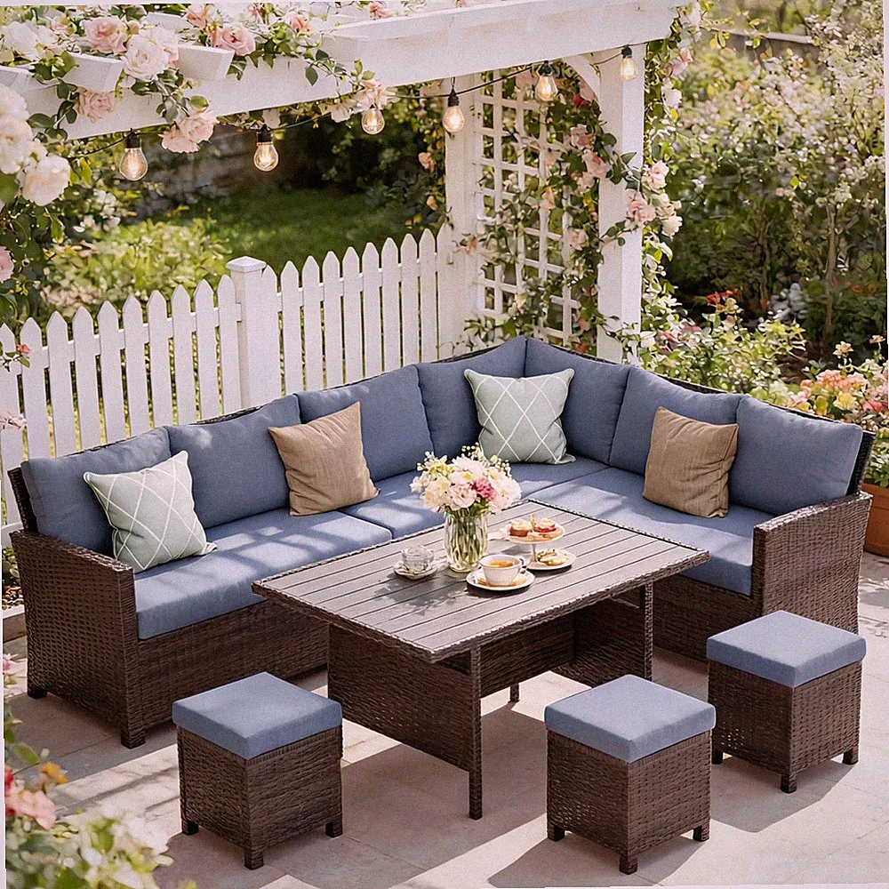 7 Piece Patio Furniture Set, High Curved Back Wicker Patio Sectional, All Wea...