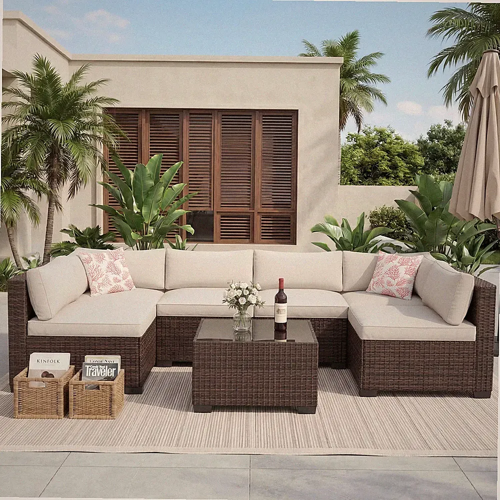 7 Piece Patio Furniture Set Outdoor Rattan Sofa Cushions Backyard Furniture Sets