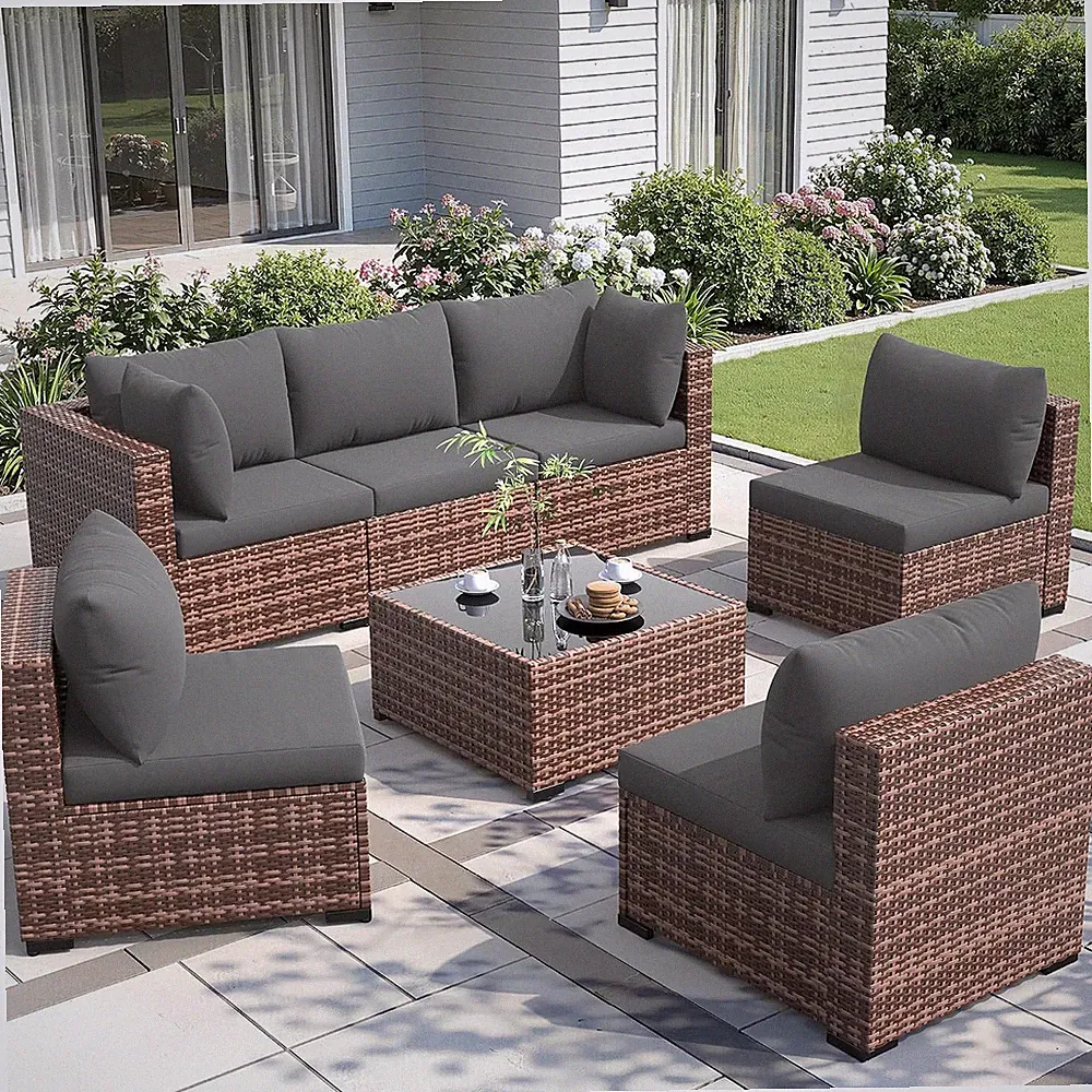 7 Piece Patio Furniture Set, Outdoor Sectional, Grey | Modular Wicker Outdoor Fu