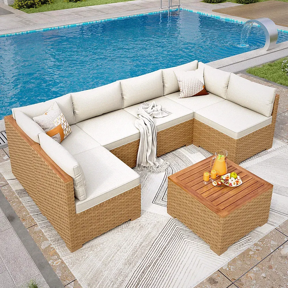 7-Piece Patio Furniture Set Outdoor Sectional Sofa Rattan Wicker Sofa W/ Table