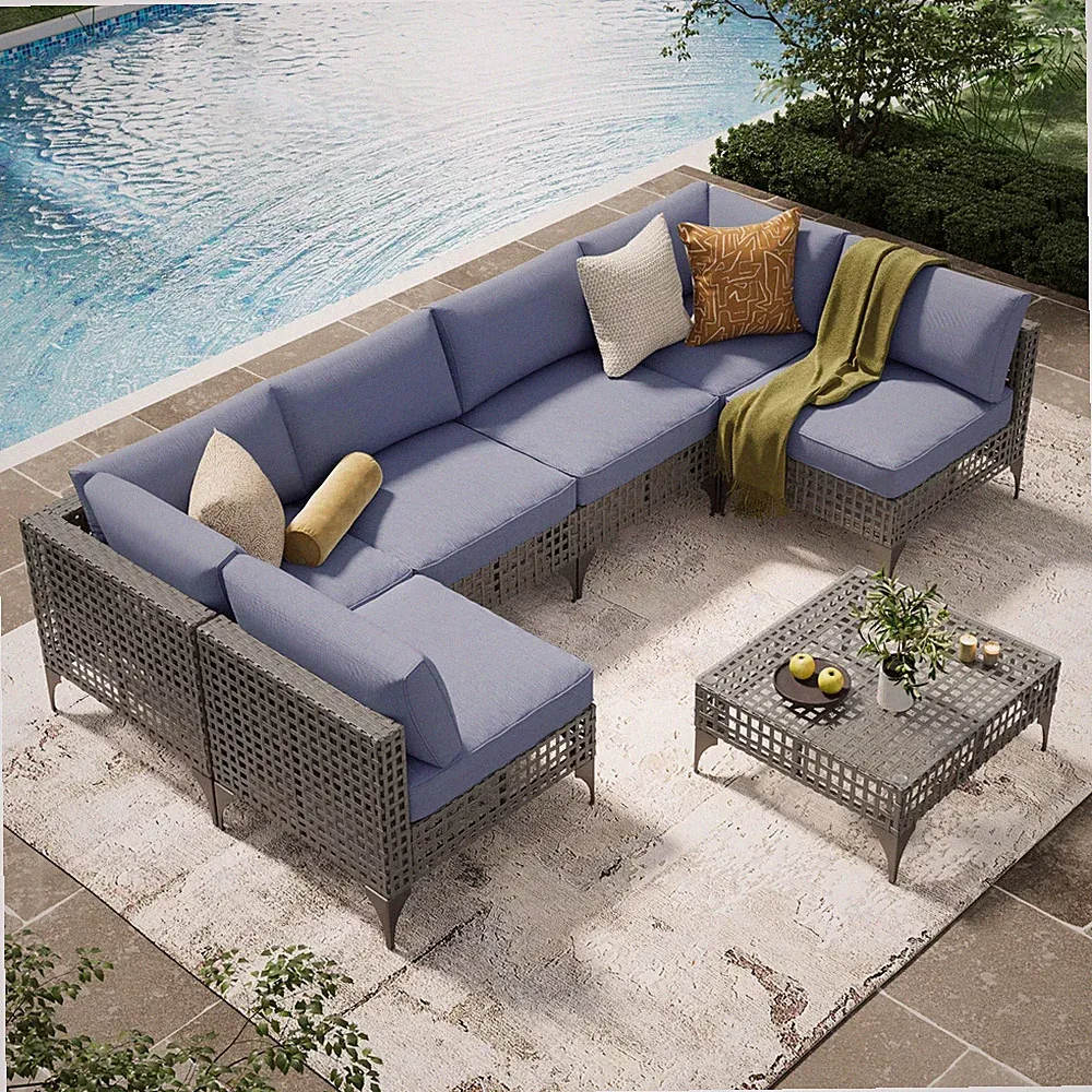 7-Piece Patio Furniture Set Outdoor Sectional Sofa with Cushions Wicker Rattan