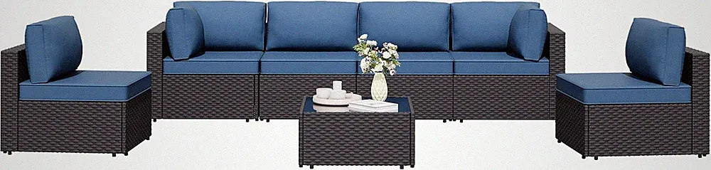 7 Piece Patio Furniture Set PE Rattan Outdoor Sectional Sofa with Glass Table