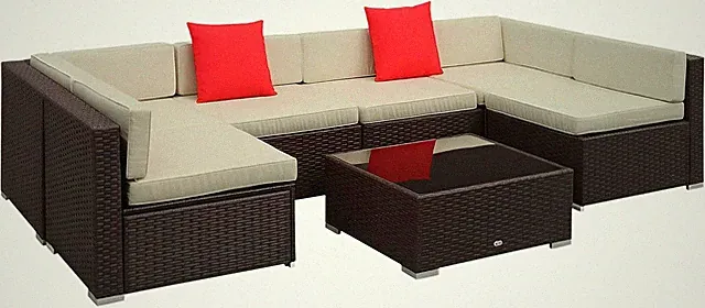 7 Piece Patio Furniture Set, Wicker Outdoor Sectional Sofa Set, All Weather PE R