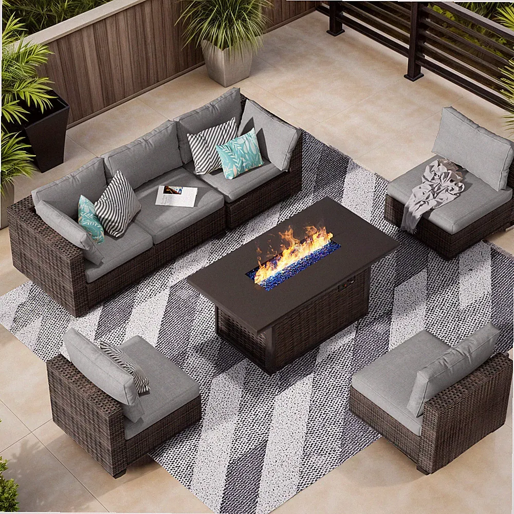 7 Piece Patio Furniture Set with 44" Fire Pit Table，Outdoor Conversation Set